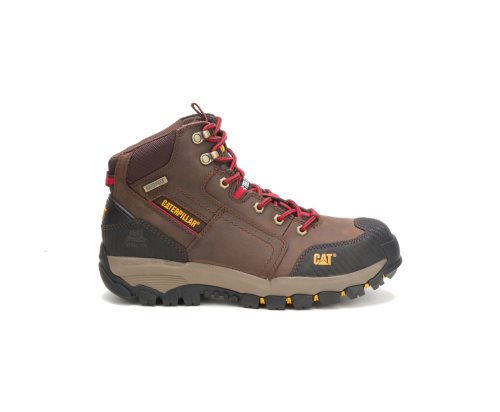 Men's Caterpillar CAT Navigator Mid Waterproof Steel Toe Work Boots Brown / Red | CAT-201RM