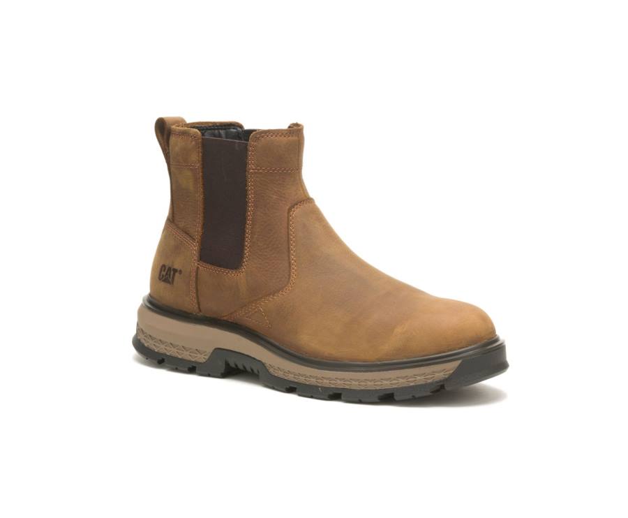 Men's Caterpillar CAT Exposition Chelsea Work Boots Brown | CAT-791KO