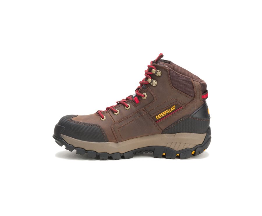 Men's Caterpillar CAT Navigator Mid Waterproof Steel Toe Work Boots Brown / Red | CAT-201RM