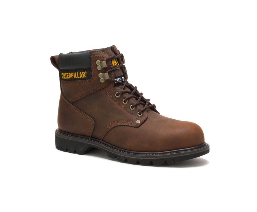 Men's Caterpillar CAT Second Shift Steel Toe Work Boots Dark Brown | CAT-381OZ