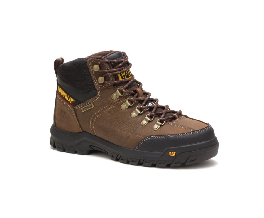 Men's Caterpillar CAT Threshold Waterproof Steel Toe Work Boots Brown | CAT-103NR